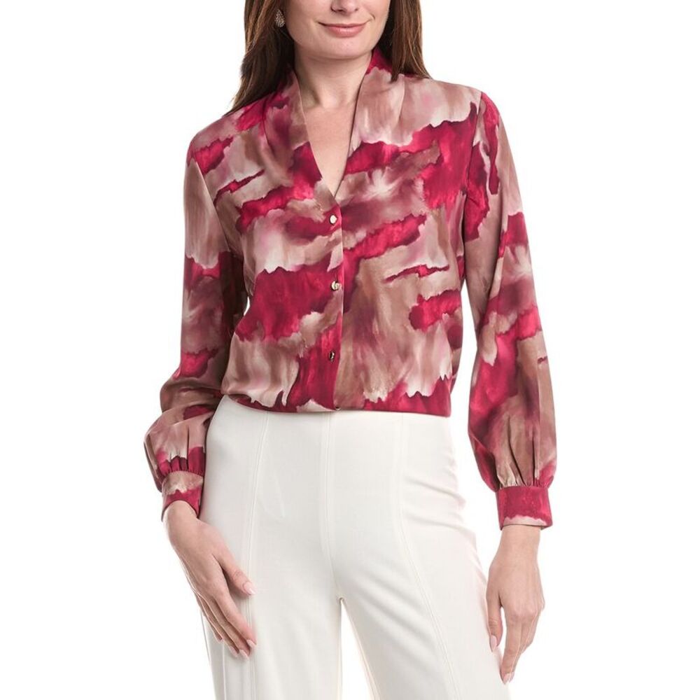 Misook Womens  Woven Watercolor Print Blouse, Pink